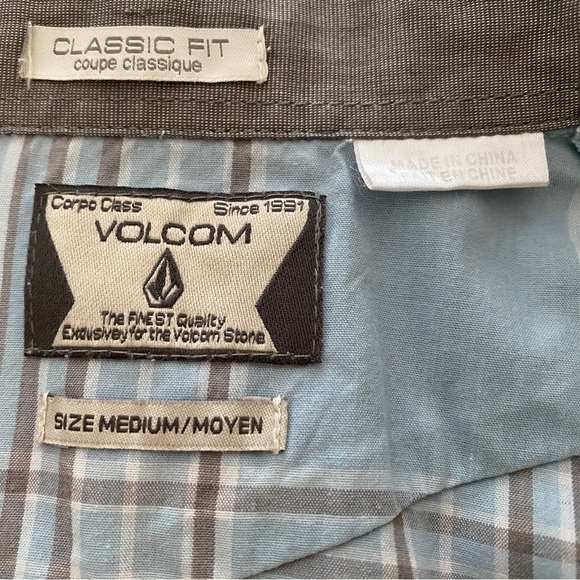 VOLCOM Stone Skate Surf Light Blue & Beige Plaid Shirt Men M Medium Classic Fit - Picture 5 of 7